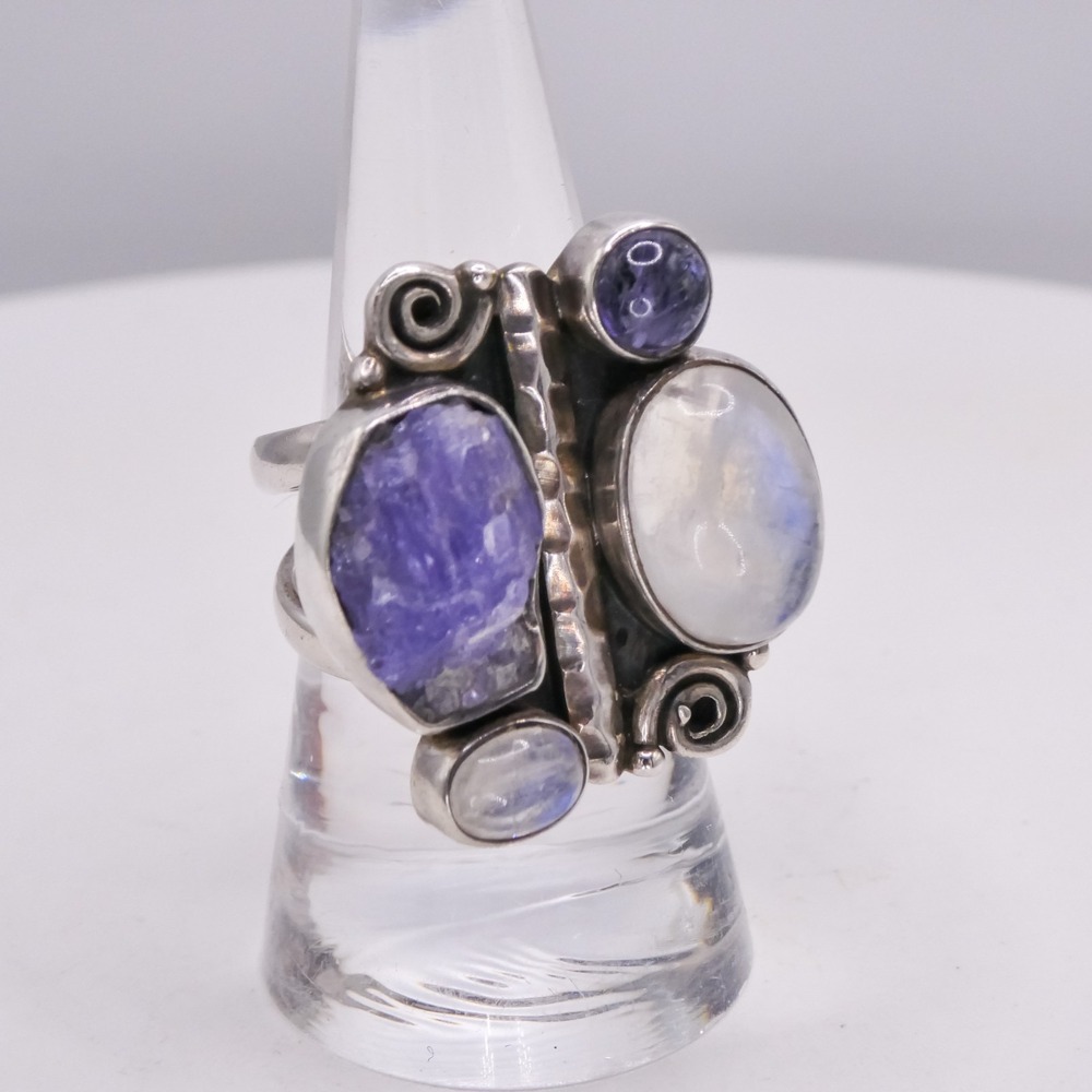 Sterling Silver Moonstone Amethyst Chunky Abstract Sz 8 Split Shank Ring